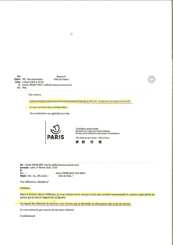 Classement sans suite suite à un contrôle de la Ville de Paris 4 mars 2020
