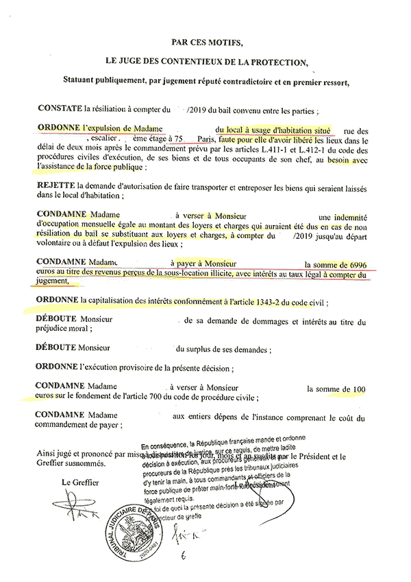 Exemple de jugement condamnant un locataire ayant sous-loué son logement sur AIRBNB à être expulsé et à rembourser les locations perçues illégales à hauteur de près de 7000 euros